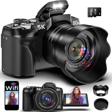 5K Digital Cameras for Photography - 80MP WiFi Vlogging Camera for YouTube with 3" 270° Flip Screen - UHD Fast Autofocus Video Camara for Beginner Travel Camaras with 18X Zoom, Memory Card, Lens Hood