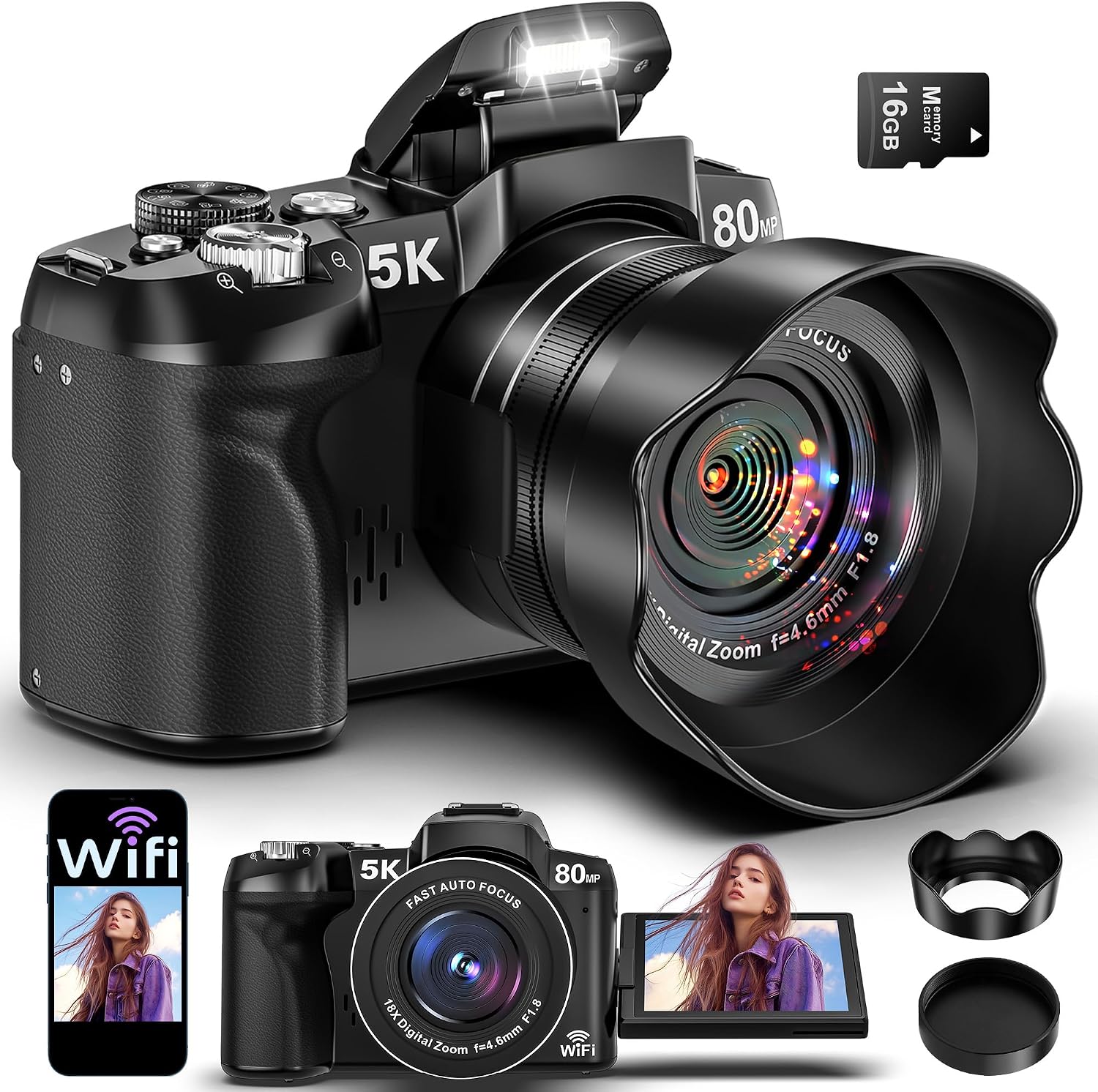 5K Digital Cameras for Photography - 80MP WiFi Vlogging Camera for YouTube with 3" 270° Flip Screen - UHD Fast Autofocus Video Camara for Beginner Travel Camaras with 18X Zoom, Memory Card, Lens Hood