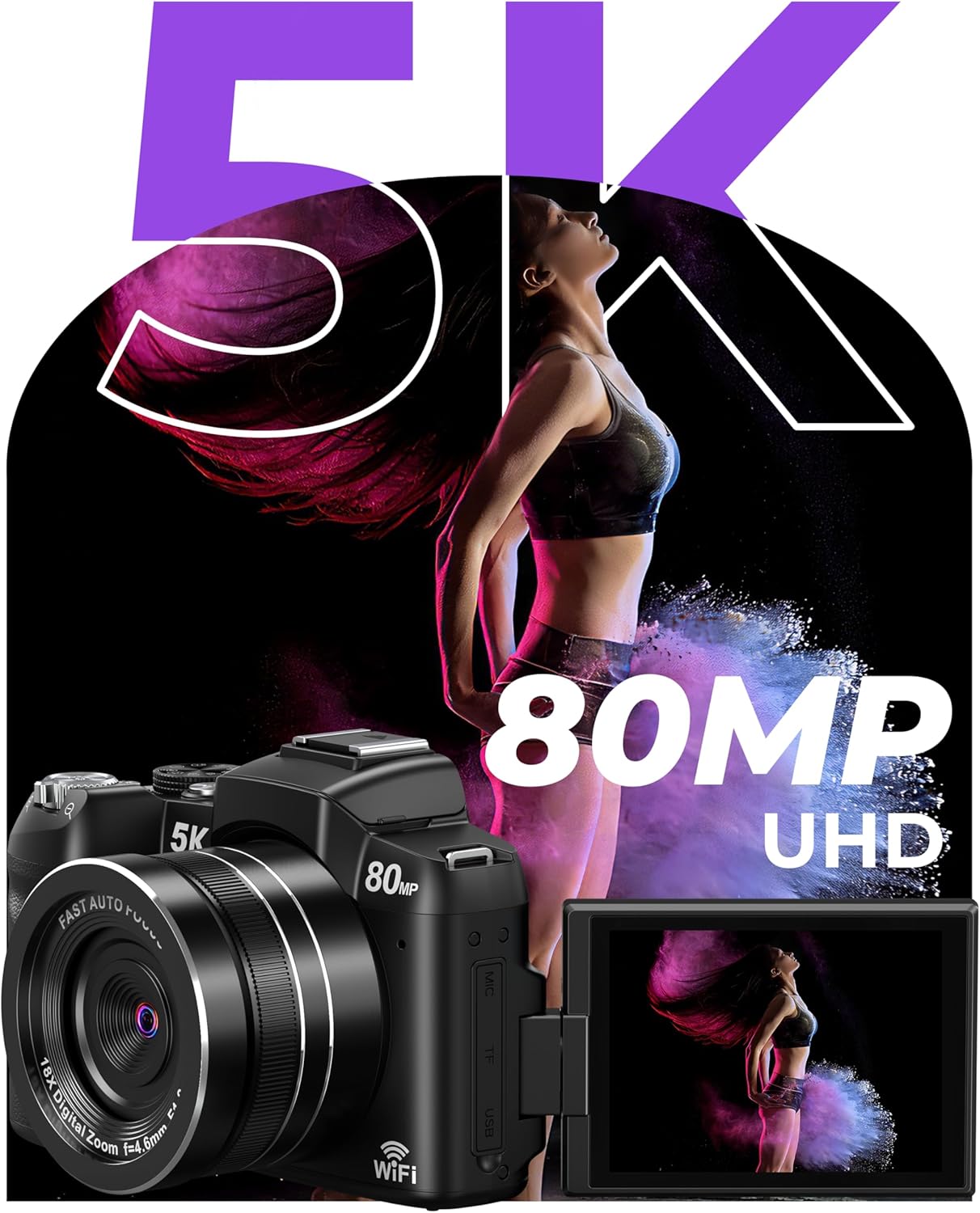 5K Digital Cameras for Photography - 80MP WiFi Vlogging Camera for YouTube with 3" 270° Flip Screen - UHD Fast Autofocus Video Camara for Beginner Travel Camaras with 18X Zoom, Memory Card, Lens Hood - Image 2