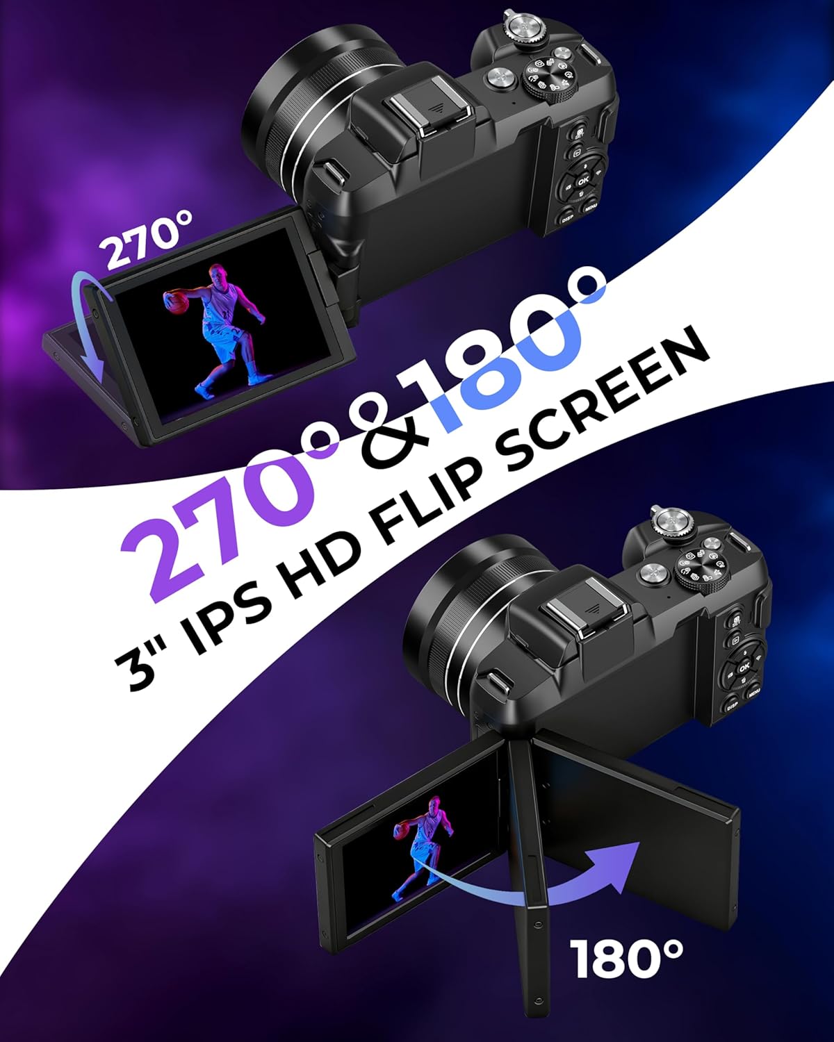 5K Digital Cameras for Photography - 80MP WiFi Vlogging Camera for YouTube with 3" 270° Flip Screen - UHD Fast Autofocus Video Camara for Beginner Travel Camaras with 18X Zoom, Memory Card, Lens Hood - Image 5
