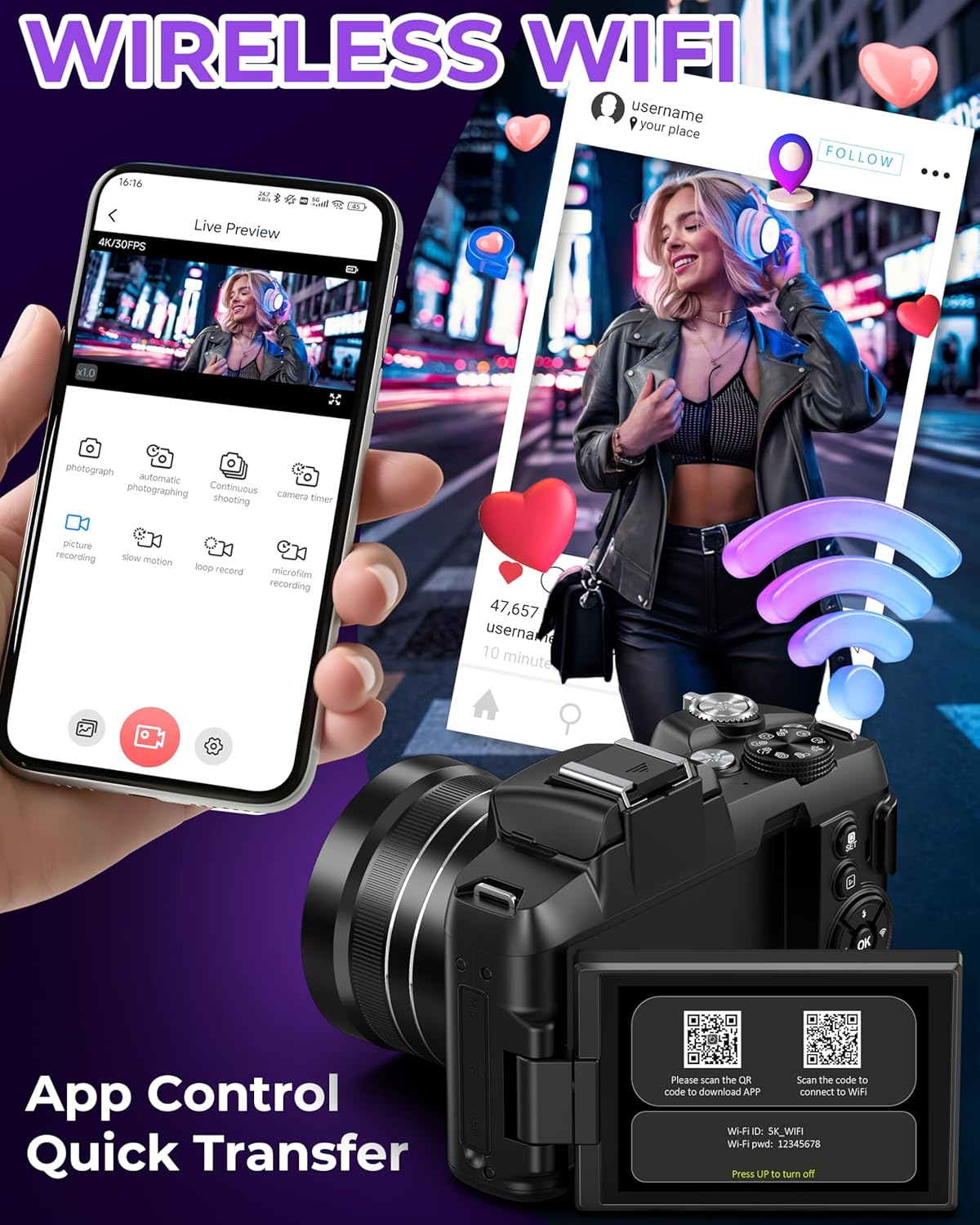5K Digital Cameras for Photography - 80MP WiFi Vlogging Camera for YouTube with 3" 270° Flip Screen - UHD Fast Autofocus Video Camara for Beginner Travel Camaras with 18X Zoom, Memory Card, Lens Hood - Image 6