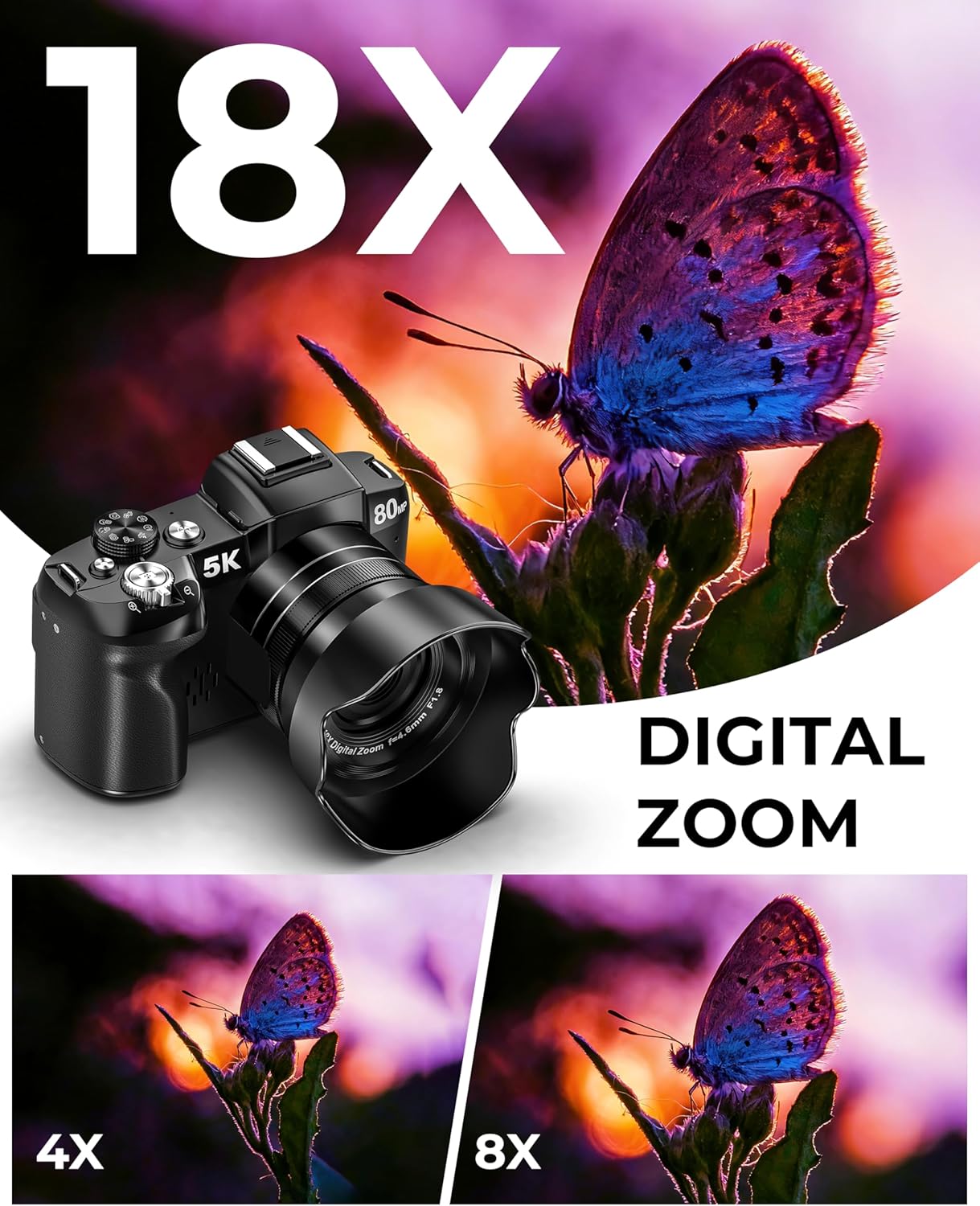 5K Digital Cameras for Photography - 80MP WiFi Vlogging Camera for YouTube with 3" 270° Flip Screen - UHD Fast Autofocus Video Camara for Beginner Travel Camaras with 18X Zoom, Memory Card, Lens Hood - Image 7