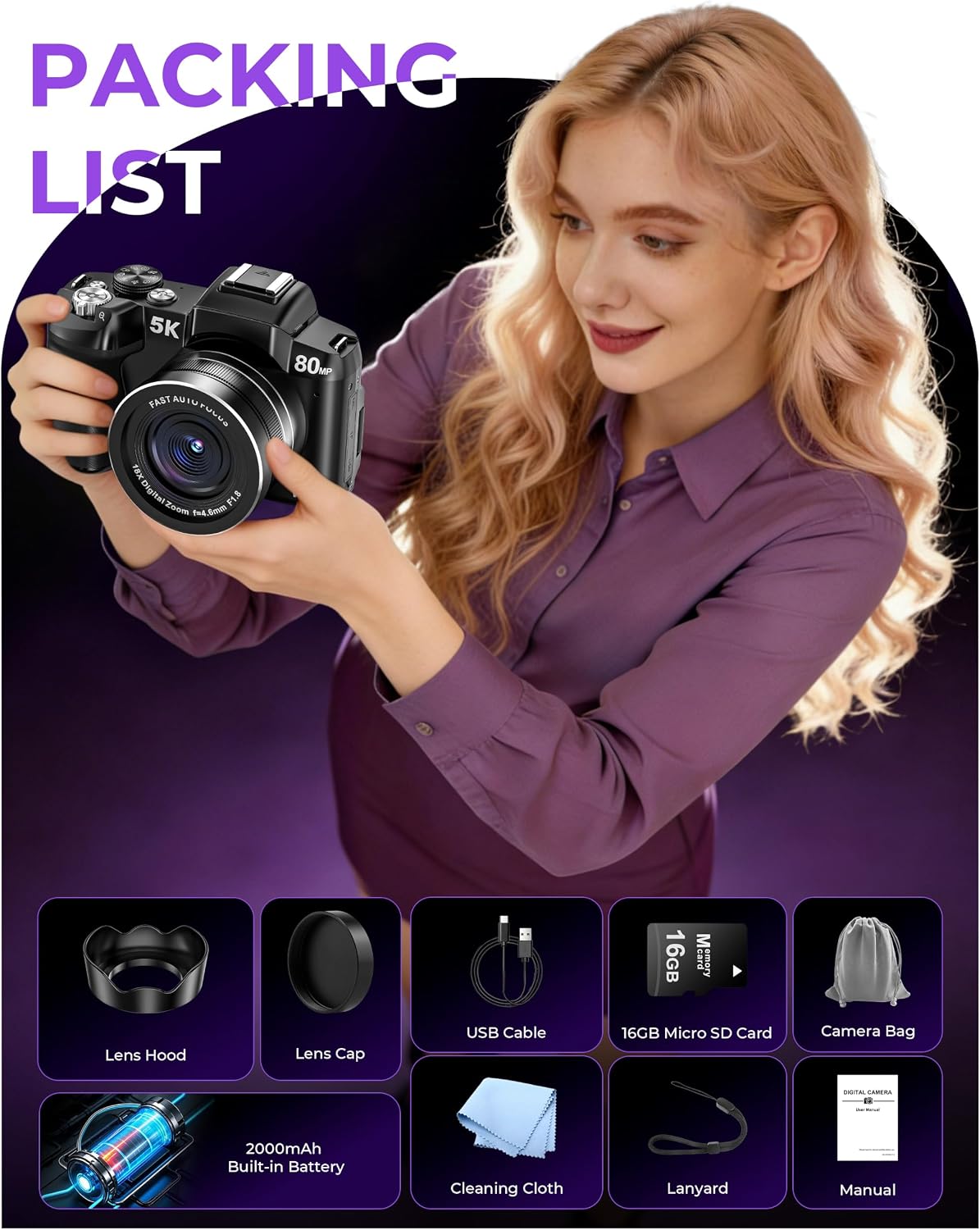 5K Digital Cameras for Photography - 80MP WiFi Vlogging Camera for YouTube with 3" 270° Flip Screen - UHD Fast Autofocus Video Camara for Beginner Travel Camaras with 18X Zoom, Memory Card, Lens Hood - Image 9